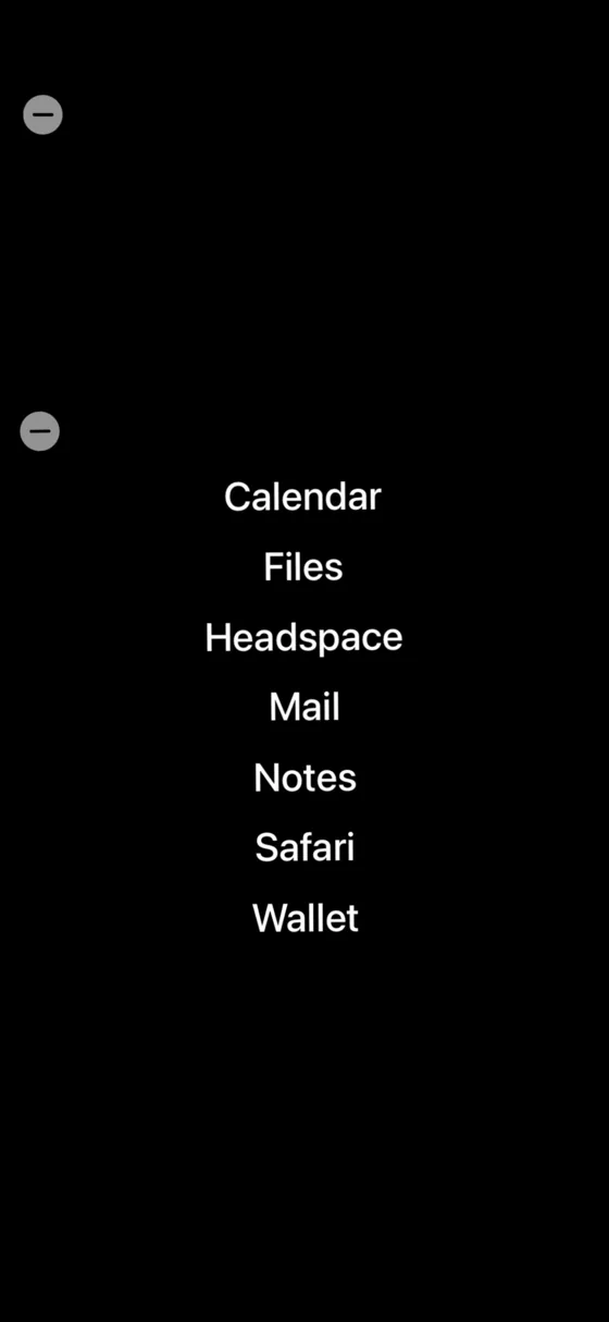 A Smile widget on an iPhone home screen showing app names as plain text