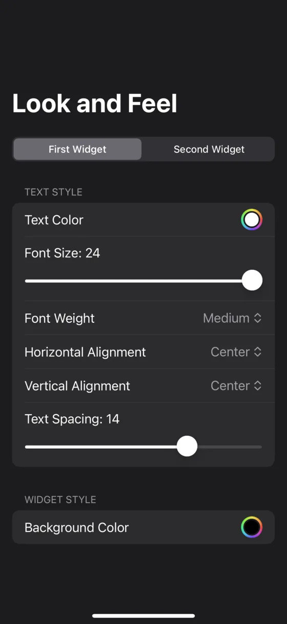The Look and Feel screen in Smile, showing text colour, font size, font weight, alignment and spacing controls