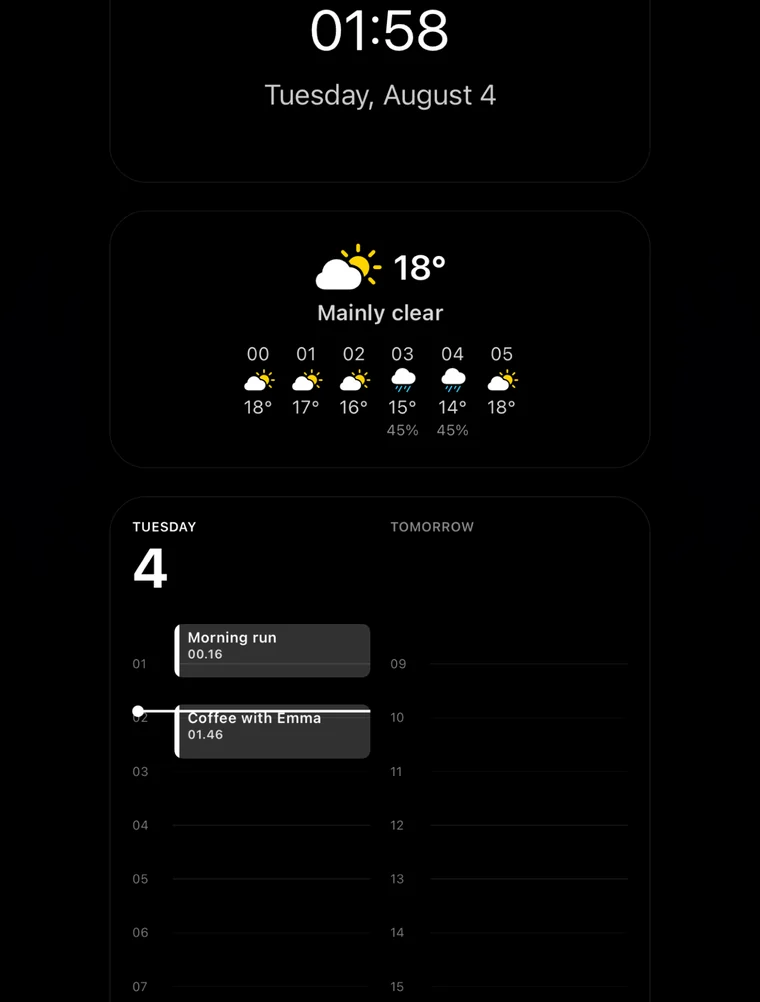 Three Smile widgets: a clock showing the time and date, a weather widget with an hourly forecast, and a calendar widget showing the day as a timeline