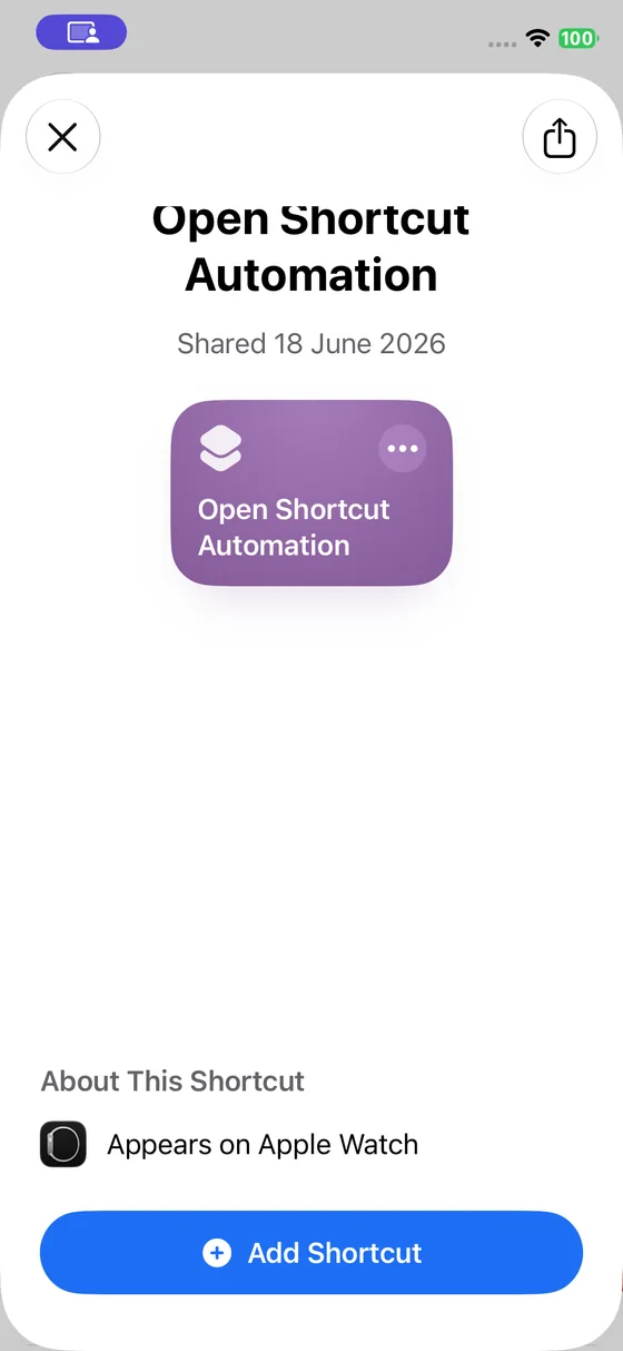 The Add Shortcut sheet in iOS showing the Open Shortcut Automation shortcut