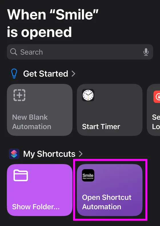 Selecting the Open Shortcut Automation shortcut as the action to run