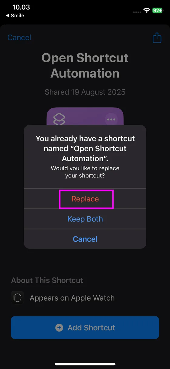 Choosing Replace when iOS says a shortcut with that name already exists