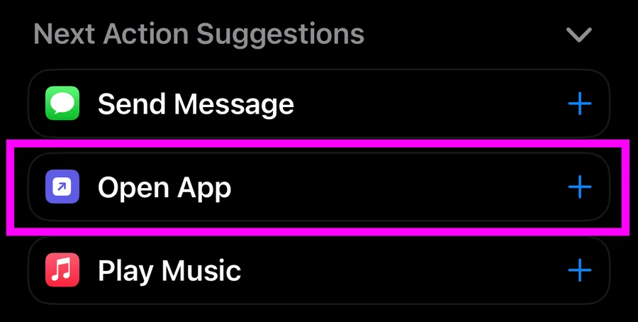The Open App action in the Shortcuts app, with an app selected